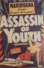 Plechová retro cedule  Marihuana a puff a party a tragedy Assassin of youth