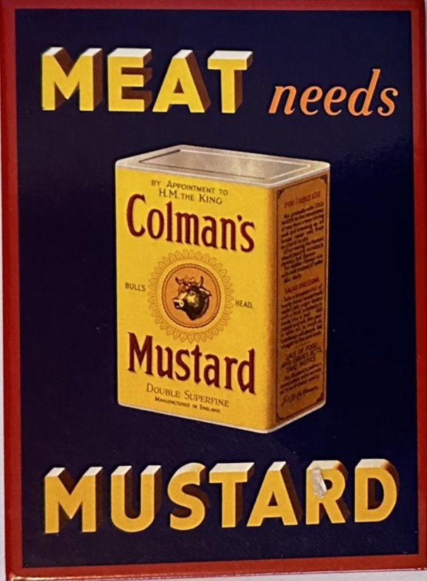 Magnet na ledničku Meat needs Mustard retro reklama  Maso potřebuje hořčici