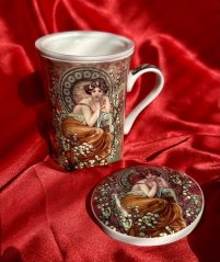 Porcelánový hrnek Alfons Mucha Větve na čaj se sítkem