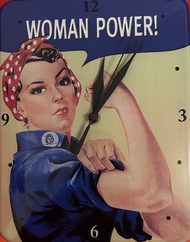 Plechové hodiny na zeď Woman power