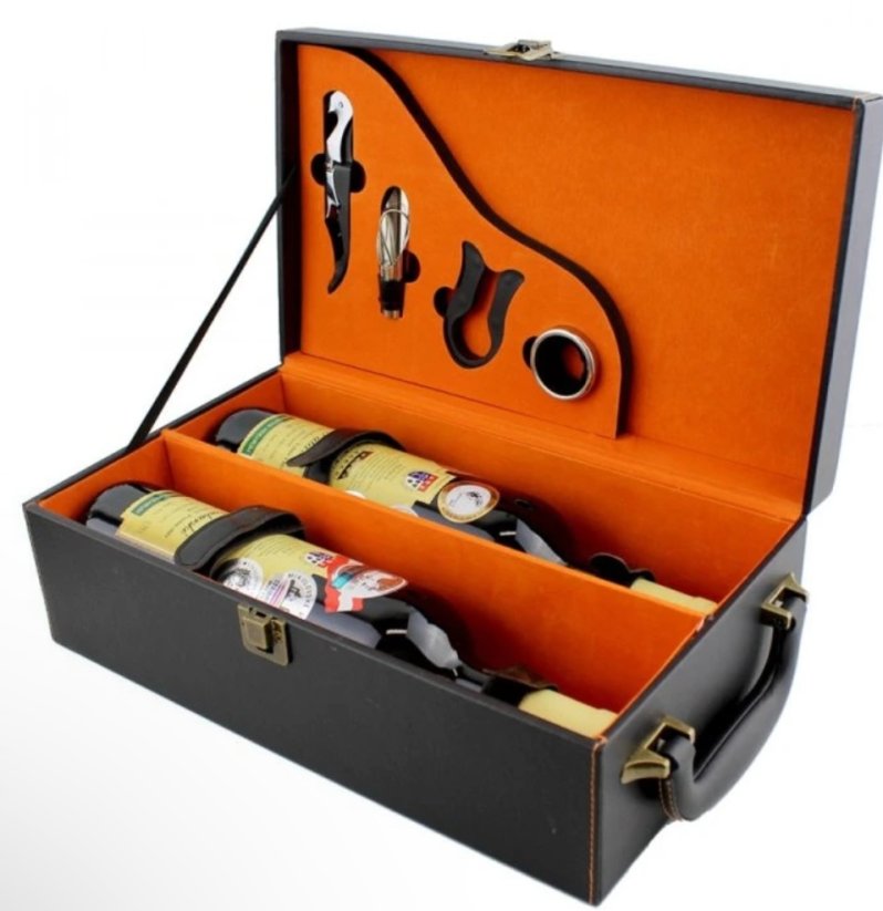 Dárkový kožený box na 2 láhve  s vinařskými pomůckami Orange