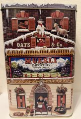 Plechová prolisovaná dóza - plechovka  Domeček Muesli